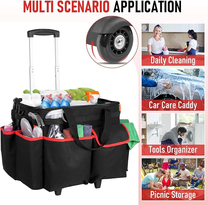 Large DIY Rolling Cleaning Caddy Bag, Cleaning Caddy with Wheels for Housekeepers, Wear-Resistant & Waterproof 900D Oxford Cleaner Supplies Organizer for Kitchen, Home, Office, Tool Storage
