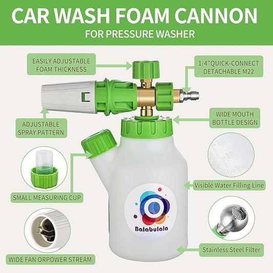 Foam Cannon for Pressure Washer with Dual Connector, Balabulala Car Foam Cannon with dual adapter, M22 and 1/4" Quick Connect,4200 PSI