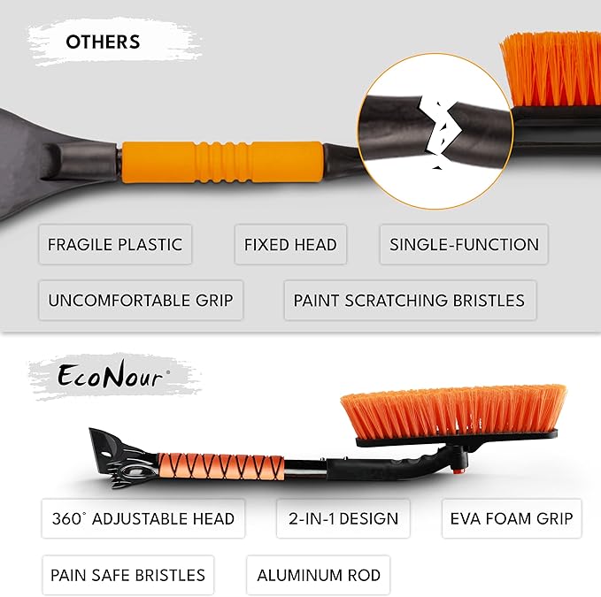 EcoNour 27" 3 in 1 Snow Brush with ice Scraper for car Windshield and Window | 360?? Aluminum Rotatable Snow Brush for car | Winter Snow Removal Tools with Detachable Foam Grip | Winter Car Accessories