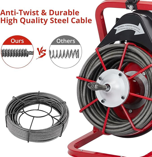 50 ft 3/8 in Electric Drain Cleaner Machine Auto Feed Drain Auger for 1 to 4 in Pipes Professional Sewer Snake with 4 Cutters Gloves Heavy Duty Clog Remover