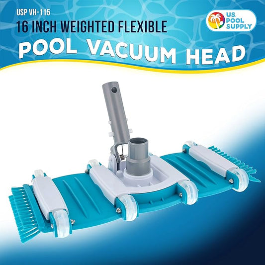 U.S. Pool Supply 16" Manual Pool Vacuum Head for Inground Pools, Side Brushes, Flexible, Weighted - Swivel Connection 1.25" or 1.5" Hoses - Cleaner Accessory Attachment, CleanDebris, Metal Pole Handle