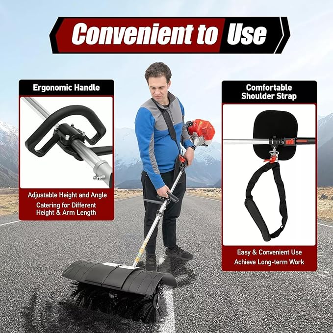 2-Stroke 52CC Handheld Sweeper Power Broom for Artificial Turf, Cleaning Driveway Turf Lawns Grass Gas Powered Sweeping Broom, 2.3HP Single Cylinder Grass Power Brush Lawn Sweeper Cleaner Tools
