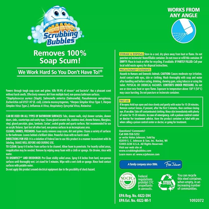 Scrubbing Multi Surface Mega Shower Foamer Aerosol Spray 20oz (Pack of 2) for Soap Scum & Grime Rainshower Scent Kills 99.9% of Viruses and Bacteria bundled with Microfiber Cleaning Cloth
