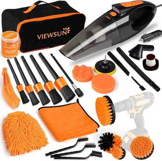 Viewsun 41PCS Car Cleaning Kit, Car Interior Detailing Kit with High Power Handheld Vacuum, Auto Detailing Drill Brush Set, Cleaning Gel, Complete Car Wash Kit Supplies for Deep Cleaning