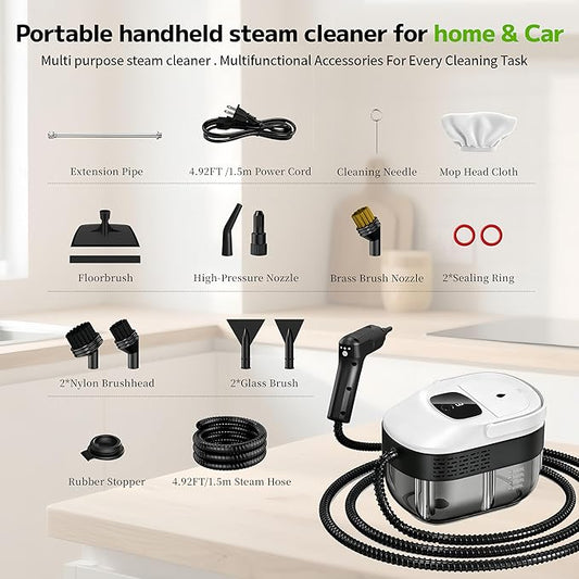 Pressurized Handheld Steam Cleaner 2500W, 54oz Large-Capacity Steamer with 3-Level Adjustable Steam, 15s Heat-Up & 15Pcs Accessories – for Car, Tile, Grout, Couch, Floor, Bed, Dirt, Furniture