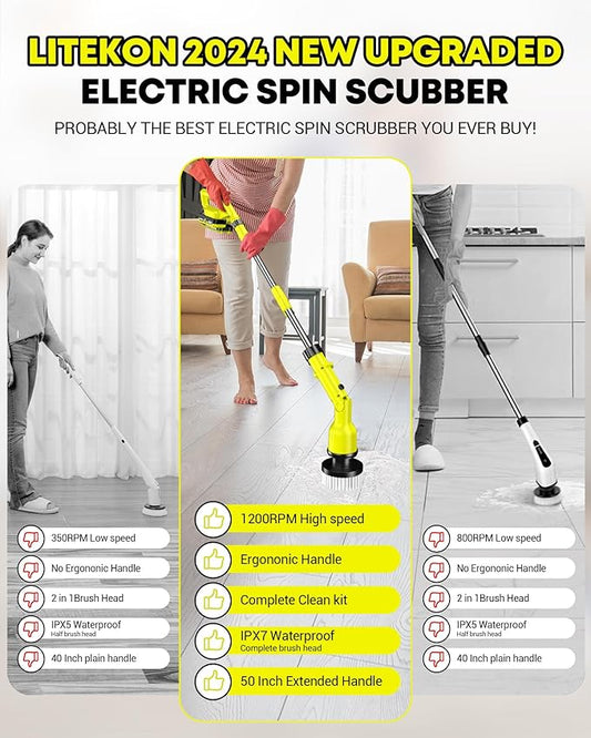 Electric Spin Scrubber with 3+ Hour Long Lasting Battery, 1000W/1200RPM High Power Cordless Clean Brush with 50IN Adjustable Long Handle, 4 Replacement Head for Bath/Tub/Tile/Floor, RyobiGreen