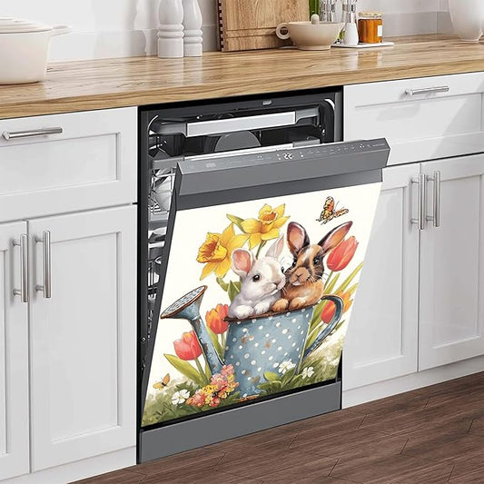 NYZE Easter Dishwasher Magnets Cover, Dishwasher Magnetic Sticker Decorative, Reusable Dish Washer Cover for Dishwashers (Watering Can Bunnies)