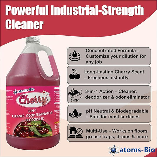 CHERRY Concentrated 3-in-1 Cleaner, Odor Eliminator & Deodorant | Cherry Scent | pH Neutral | Industrial Strength | For Bathrooms, Grease Traps, Surfaces & Pet Odors | 3.87L