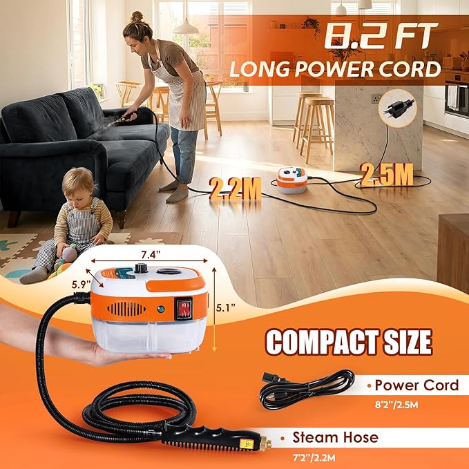 2500W Handheld Steam Cleaner, Pressurized Steam Cleaning Machine with 3 Brush Heads, 20s Heat Up, 1L Tank, Multipurpose Mini Portable Steamer for Tile, Grout, Furniture, Kitchen, Car, Home