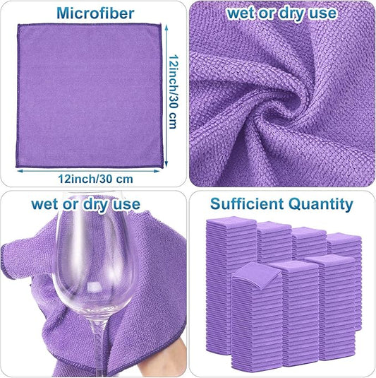 Tenare 100 Pack 12'' x 12'' Microfiber Cleaning Cloths Reusable Cleaning Rags Bulk Microfiber Towels Softer Highly Absorbent Washcloths for House Kitchen Car Window(Purple)