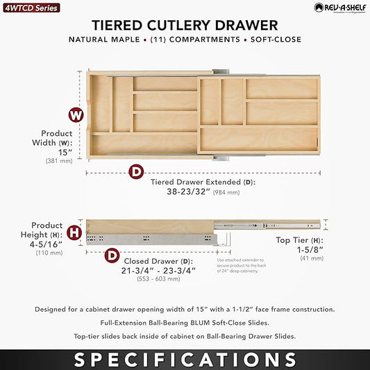 Rev-A-Shelf 15 Inch Wide 2 Tiered Kitchen Utensil & Cutlery Pullout Drawer Tray Organizer, 18" W Soft Close