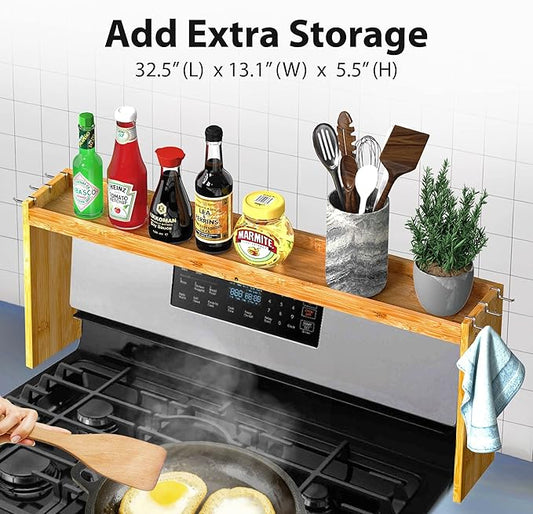 IIIOIIIA Bamboo Over The Stove Spice Shelf for Kitchen Storage, 31.5" Kitchen Spice Rack Organizer Stove Top Shelf with 6 Hooks, 11.4" Height Extra Storage Countertop, Easy to Assemble