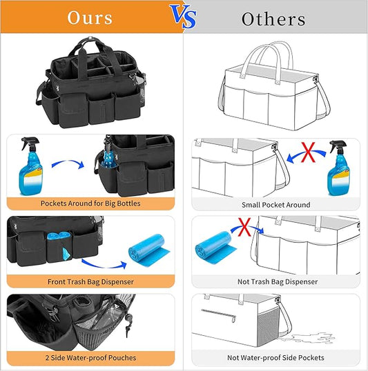 LoDrid Large Wearable Cleaning Caddy Bag with Detachable Divider, Cleaning Supply Tote with Handles, Organizer with Adjustable Shoulder Strap for Cleaners & Housekeepers, Black