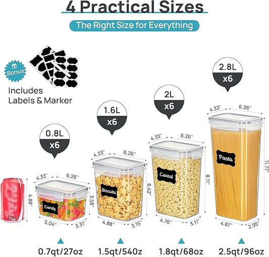 Vtopmart Airtight Food Storage Containers with Lids, 24 pcs Plastic Kitchen and Pantry Organization Canisters for Cereal, Dry Food, Flour and Sugar, BPA Free, Includes 24 Labels,Gray