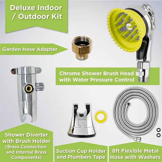 Wondurdog Deluxe Indoor Outdoor Dog Wash Kit for Shower and Garden Hose w/Water Pressure Control, Splash Shield & Rubber Scrubbing Attachment. Fast & Easy Dog Bath. Cleaning for Short & Long Hair Pet