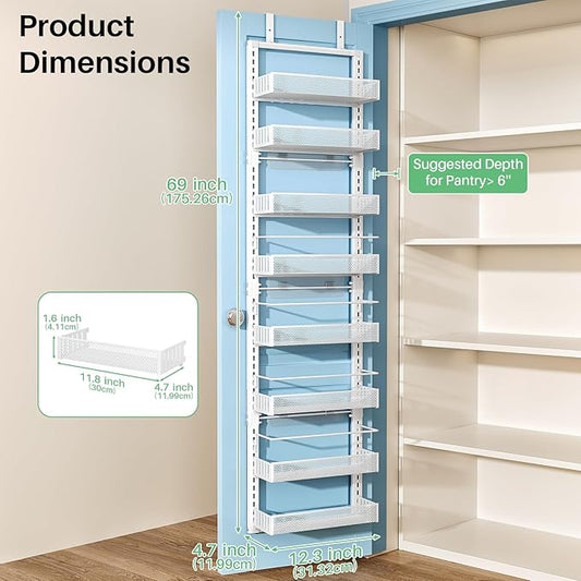 8 Tiers Over the Door Organizer - Height Adjustable Pantry Organizers and Storage with Dense Mesh Baskets, Anti-Swing Hanging Door Spice Rack for Kitchen Bathroom (White, 12.3"W x 4.7"D x 69"H)