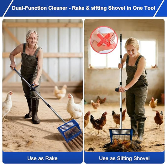 Chicken Poop Scooper & Rake, Stainless Steel Shovel Head Pooper Scooper, Adjustable Stainless Steel Handle 28"-68", Chicken Scooper for Chicken Coop Cleaning Tool with Reuseable Yard Waste Bags