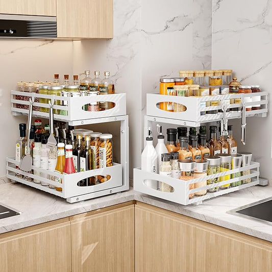 Under Sink Organizer, 2 Tier Under Sink Organizers and Storage, Adjustable Height, Slide out Metal Cabinet Organizers, Pull out Cabinet Storage Drawer Shelf for Kitchen Bathroom White 2Pack