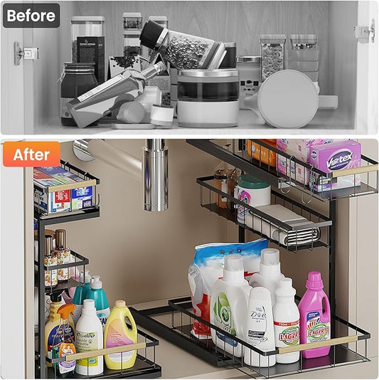 Under Sink Organizer and Storage for Bathroom and Kitchen - 2 Pack 3 Tier Under Cabinet Pull Out Shelf Organizers - Slide Out Drawer Organization for Home Cabinets Shelves and Drawers