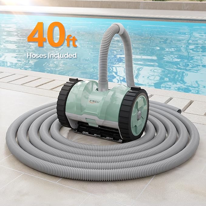 VINGLI Automatic Pool Cleaner for Inground Pools – Suction-Side Pool Vacuum with Powerful Wall-Climbing, 40FT Tangle-Free Hose, Ultra-Quiet Operation – Mint Green & Gray