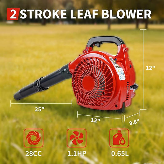 28 CC Gas Leaf Blower, 490 CFM 280 MPH, 1.1-HP 2-Stroke, Handheld Gas Powered Leaf Blower, Lightweight, Powerful Clearing Performance for Lawn Care, Driveway Cleaning and Light Snow Removal