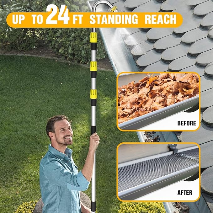 Gutter Cleaning Tools from The Ground, 24FT Reach Rain Cleaner with Bendable Wand and Quick Connect Adapter for Garden Hose