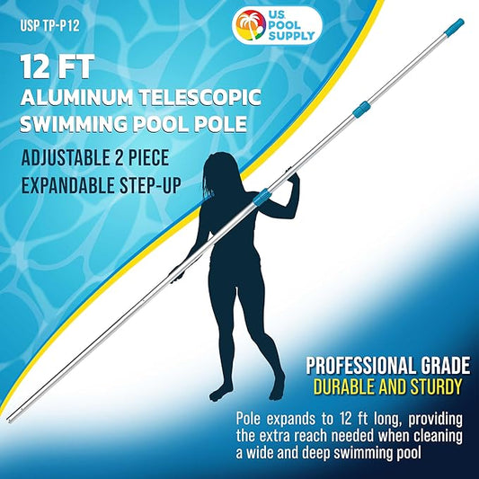 U.S. Pool Supply Telescoping Pole 12-Foot Aluminum Pool Pole Telescopic Cleaning, Adjustable 3 Piece Expandable Step-Up - Secure Locking Cams, Attach Connect Skimmer Net Rake Brush Vacuum Heads Hoses