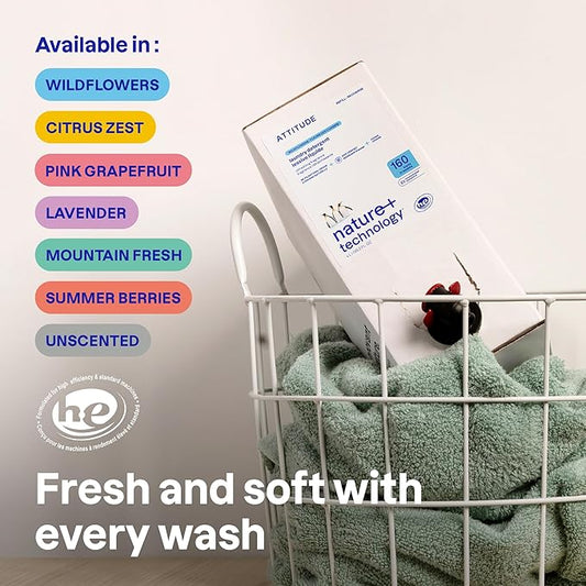ATTITUDE Liquid Laundry Detergent Refill, EWG Verified, HE Compatible, Plant-Based & Vegan, Natural Laundry Soap, Unscented, 160 Loads, 135.26 Fl Oz (Pack of 2)
