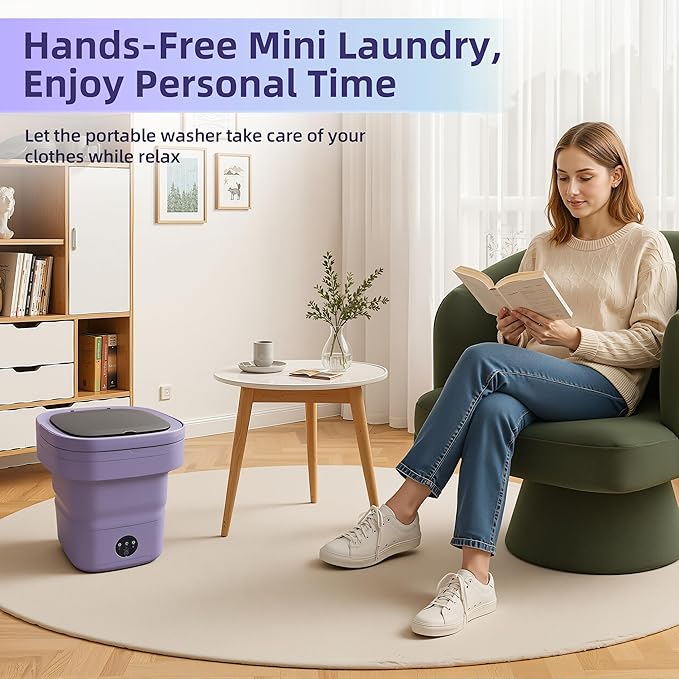 Mini Laundry Machine, 16L Portable Washing Machine with Spin Basket, Portable Laundry Machine Suitable for Baby Clothes, Underwear, Socks, Foldable Design for Camping, Hotels and Apartments(Purple)