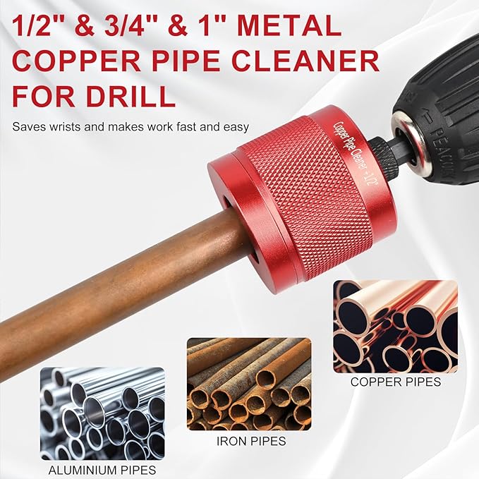 1/2" & 3/4" & 1" Metal Copper Pipe Cleaner for Drill, with 1/4" Hex Shank & 6 Brush Blades & 6 Pipe Cleaning Brushes, Plumbing Tools for Cleaning, Polishing & Removing Rust