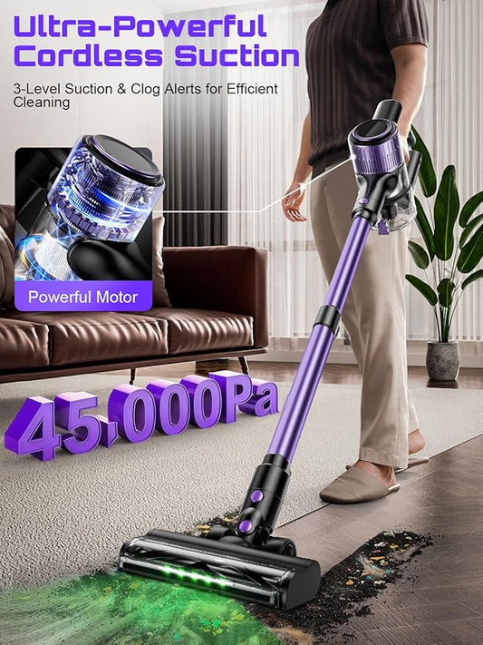 Cordless Vacuum Cleaner, 10 in 1 Stick Vacuum with Powerful Suction, Hose, Green LED Light, Anti-Tangle Brush, Lightweight Rechargeable Vacuum Cleaner for Home, Hardwood Floors,Pet Hair (Purple)