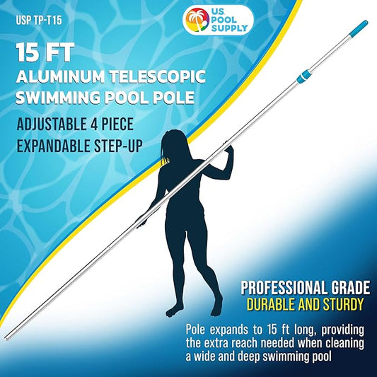 U.S. Pool Supply Telescoping Pole 15-Foot Aluminum Pool Pole Telescopic Cleaning, Adjustable 4 Piece Expandable Step-Up - Twist Locking Cams, Attach Connect Skimmer Net Rake Brush Vacuum Heads Hoses