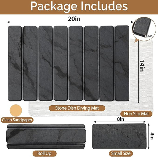2 PCS Stone Dish Drying Mat for Kitchen Counter,Quick Dry Stone Dishes Mats,Marbled Water Absorbing Diatomaceous Earth Drying Pad for Countertop Bottles Utensils Cups(Dark Gray 20"×14" & 8"x4")