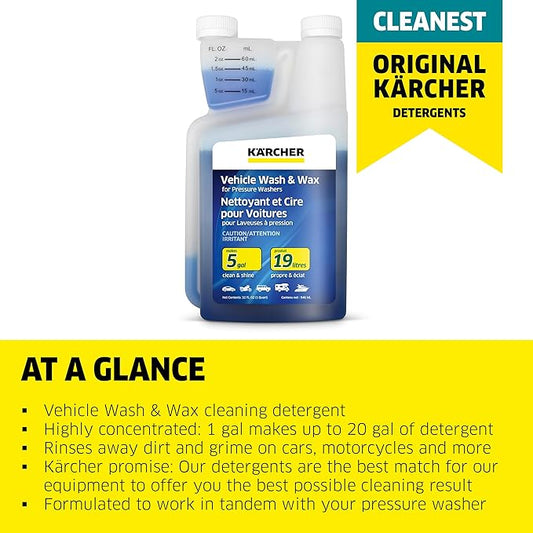 Kärcher 1 Quart Pressure Washer Vehicle Detergent and Wax - Power Washer Soap for Cars, Bikes, Trucks, Boats and More (Pack of 2)