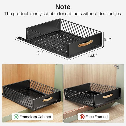 Pull out Cabinet Organizer Fixed with Adhesive Nano Film,Heavy Duty Slide out Pantry Shelves Drawer Storage,Sliding Mesh Cabinet Basket with Handle for Kitchen, Bathroom,Home, 13.8"W X 21"D X6.2"H