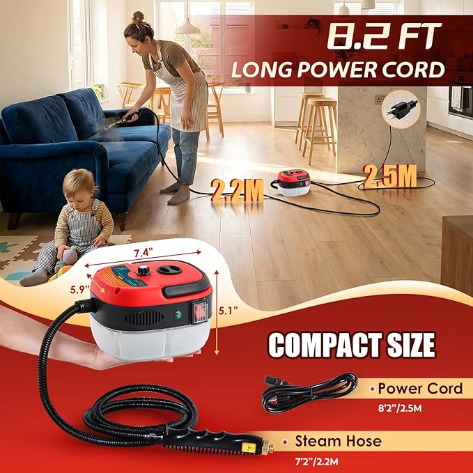 2500W Handheld Steam Cleaner, Pressurized Steam Cleaning Machine with 3 Brush Heads, 20s Heat Up, 1L Tank, Multipurpose Mini Portable Steamer for Tile, Grout, Furniture, Kitchen, Car, Home
