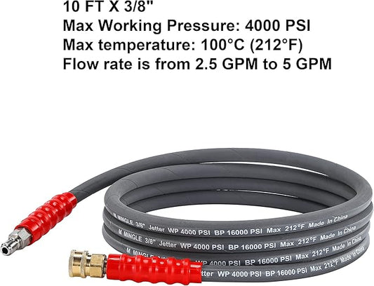 M MINGLE Pressure Washer Jumper Hose, 10 FT Whip Hose for Power Washer, Hose Reel Connector for Pressure Washing with 3/8 Inch Quick Connect
