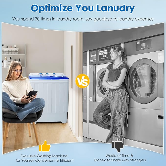 Portable Washing Machine Twin Tub - 28lbs Compact Washer (18lbs) and Spinner Dryer (10lbs) Combo with Drain Pump - Semi Automatic Washing Machine for Apartments, Dorms, RVs, Camping - Blue