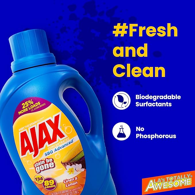 Ajax SBG Advanced Laundry Detergent, Linen & Lemon Scent, 134oz (Pack of 4) – Totally Awesome Stain & Odor Remover, HE Compatible, Concentrated Liquid, 356 Loads, Color-Safe, Long-Lasting Freshness