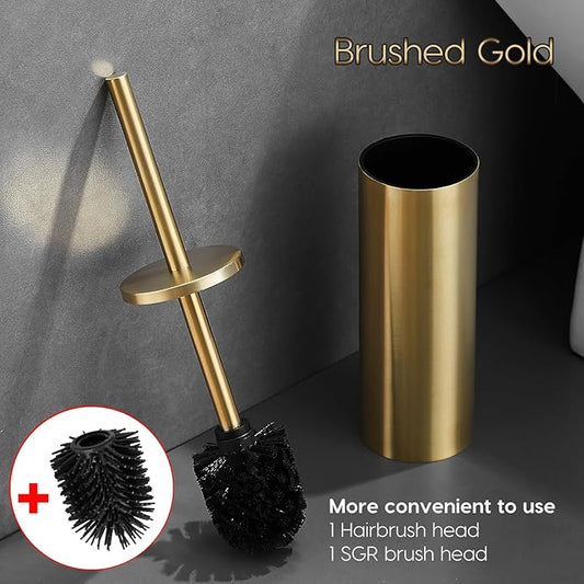 Toilet Bowl Brush Stainless Steel Gold Toilet Brush and HolderSet,Silicone + Bristle Dual-Head Toilet Brush Holder (Gold)