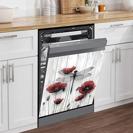 NYZE Dishwasher Magnets Cover, Dishwasher Magnetic Sticker Decorative, 23 x 26 Inch Removable Reusable Magnet Dish Washer Cover Mat for Dishwashers Kitchen Appliances (Red Flower & Dragonfly)