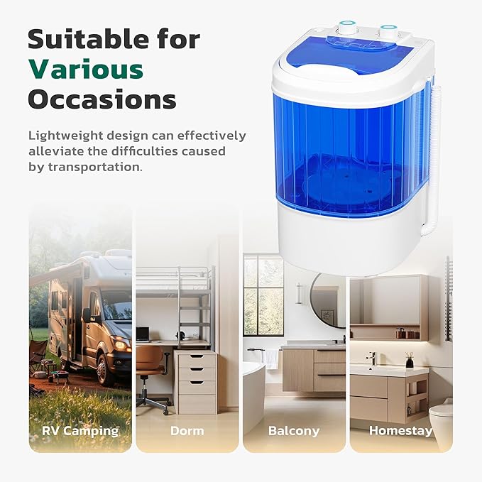 Greenvelly Portable Washing Machine, Single Tub Small Laundry Washer with Spin Basket, 6.6lbs Portable Washer Dryer Combo for Apartments,Dorms (Blue)