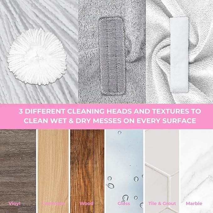 True & Tidy® Clean Everywhere Spray Mop Kit with Three Interchangeable Heads and Refillable Tank- Includes Flat Head, Round Mop, Window Squeegee (Pink)