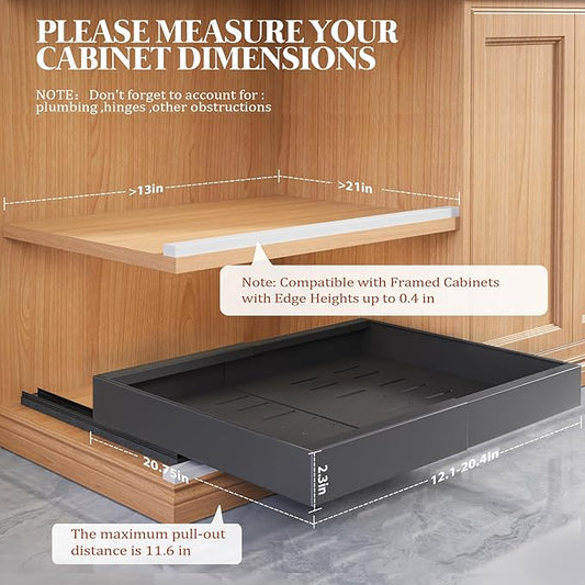 6 Pack Expandable Pull Out Cabinet Organizer 21"Deep With Raising Pad for Framed Cabinets,Upgrade 3 Slide Rails Slide Out Drawers,No Drill Roll Out Shelves,Adjustable Width 12.1"-20.4" Black