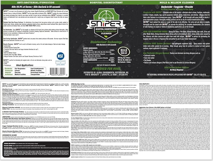 SNiPER Hospital Disinfectant, Odor Eliminator & All-Purpose Cleaner, Made in the USA, 32 Ounce Spray, 6-pack