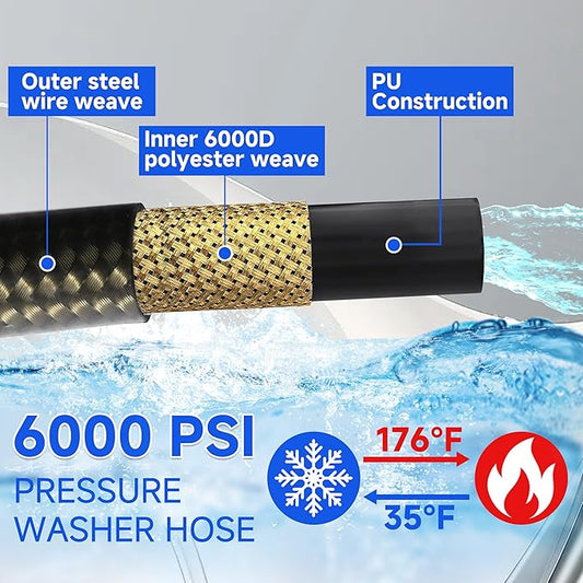 RIDGE WASHER Pressure Washer Hose 50 Feet X 3/8 Inch for Hot and Cold Water, 2-Wire Steel Braid Hose (R2), 3/8 Inch Quick Connect, 6000 PSI
