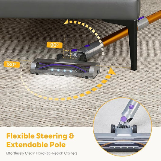 OLIXIS Cordless Vacuum Cleaner with Flexible Steering & Extendable Pole,3 Brush Heads, Lightweight Wireless Rechargeable Upright Vacuum with LED Light & Wall Mount for Hardwood Floors & Carpet
