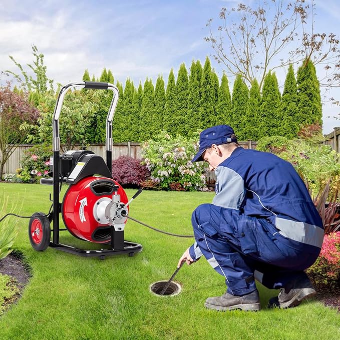 Drain Cleaner Machine 75FT x 3/8 Inch, Professional Sewer Snake Auger with 250W Motor, Auto Feed, 8/4 Cutters, Foot Switch & Wheels, Gloves, Semi-Enclosed Drum, Portable Plumbing Tool for 1"-4" Pipes