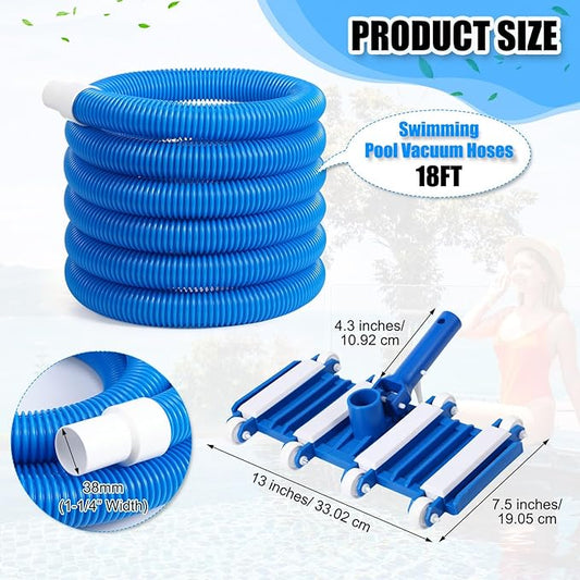 14" Swimming Pool Vacuum Head with 47" Long Pool Pole and 1-1/4" x 18ft Pool Vacuum Hoses Flexible Pool Vacuum Head with Wheels for Inground Pool Cleaning