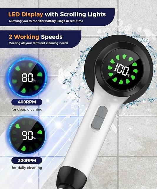 Electric Spin Scrubber, Cordless Cleaning Brush with 7 Replaceable Brush Heads, 2-Speed Adjustable Handle Shower Scrubber, IPX7 Waterproof for Bathroom, Tub, Tile & Floor, Teens, White-qe2...